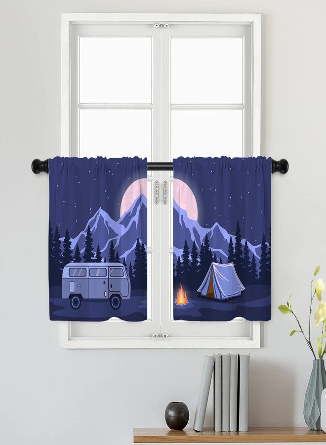 Batmerry Dark Blue Psychedelic Adventure Camping Tier Curtains, Art Starry Night Window Treatment Short Kitchen Curtain Multilayer Polyester Blackout for Living Room/Bathroom, 2 Pack 26x24 inches - Image 1